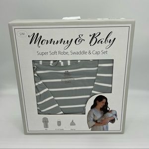 3Piece Mommy & Me stripe soft robe, baby swaddle+cap. Small/Medium. Gift set